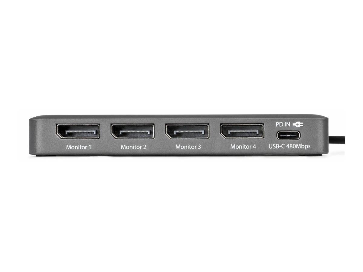 Vorderansicht eines USB-C-Hubs/Docks mit vier HDMI-Anschlüssen mit den Bezeichnungen Monitor 1–4, einem USB-C-480-Mbps-Anschluss und PD-IN-Stromeingang.