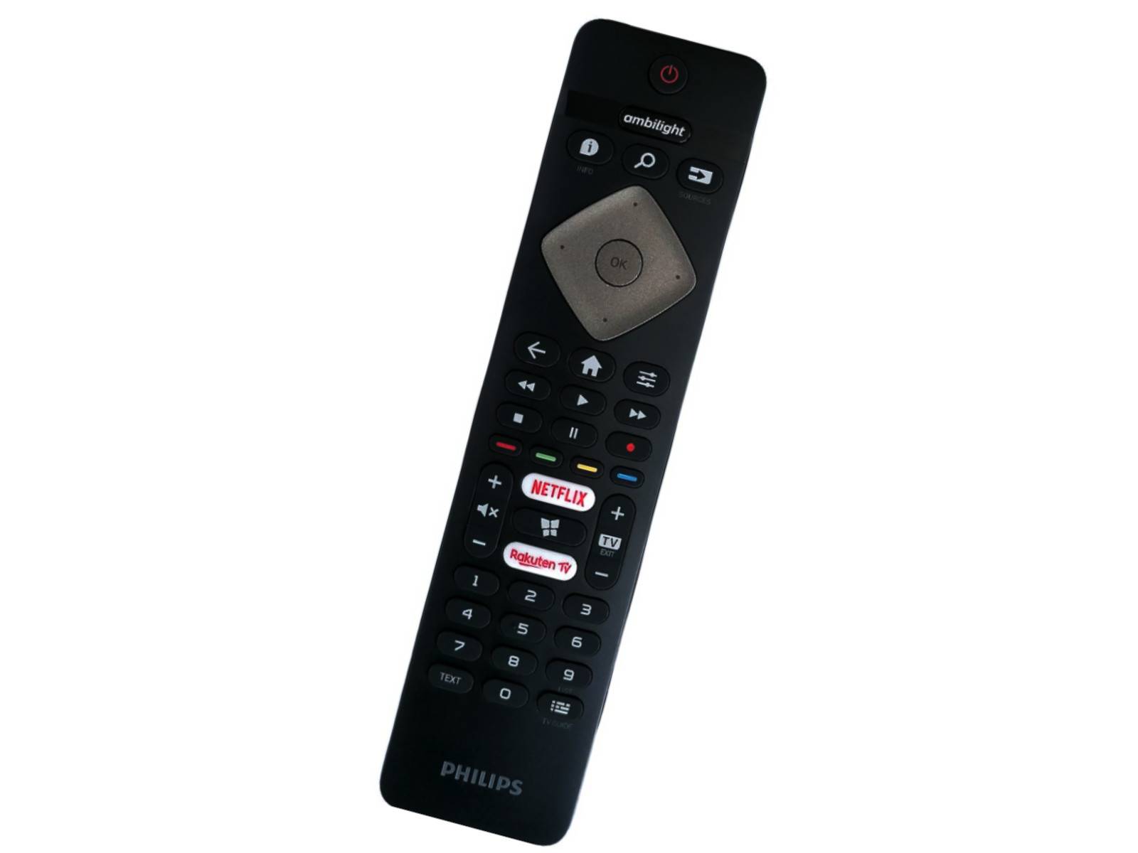 Fernbedienung für einen Philips-Fernseher mit Tasten für Ein-/Ausschalter, Lautstärke, Navigation, „Netflix