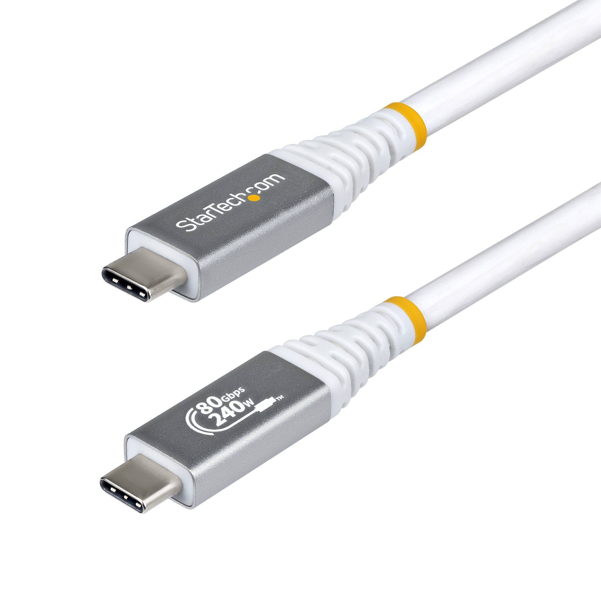 Zwei weiße USB-C-Ladekabel mit grauen StarTech.com-Anschlüssen, eines mit der Bezeichnung 