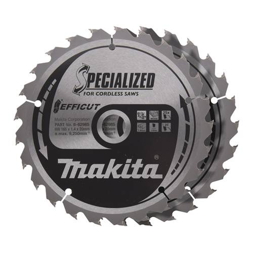 Sägeblatt für kabellose Sägen mit spezialisiertem Zahndesign. Die Kennzeichnung umfasst das Makita-Logo und technische Spezifikationen.