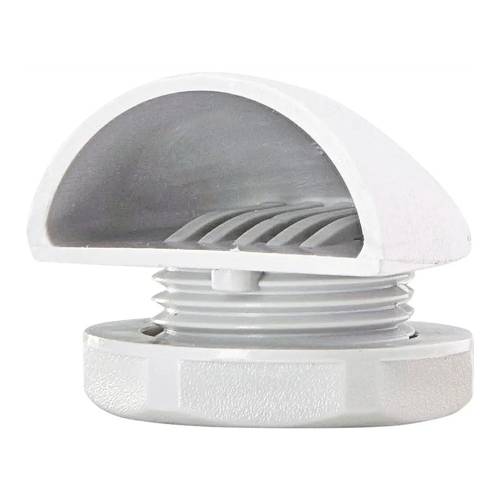 Ein weißer, verstellbarer Bootsablassstöpsel mit einem halbkreisförmigen Knauf, entworfen, um sicher in einem Abflussloch zur Wasserentfernung zu passen.