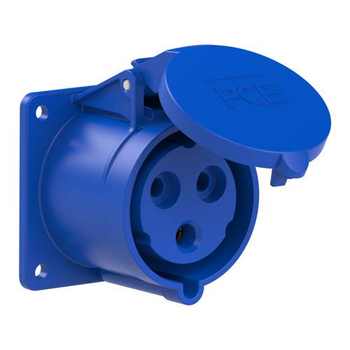 Eine blaue Wandsteckdose für industrielle Anwendungen mit offener Schutzkappe, die drei runde Steckerlöcher für elektrische Verbindungen zeigt.