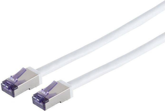 Zwei weiße Ethernet-Kabel mit silbernen Steckern, eines mit einer violetten transparenten Verriegelung, auf weißem Hintergrund dargestellt.