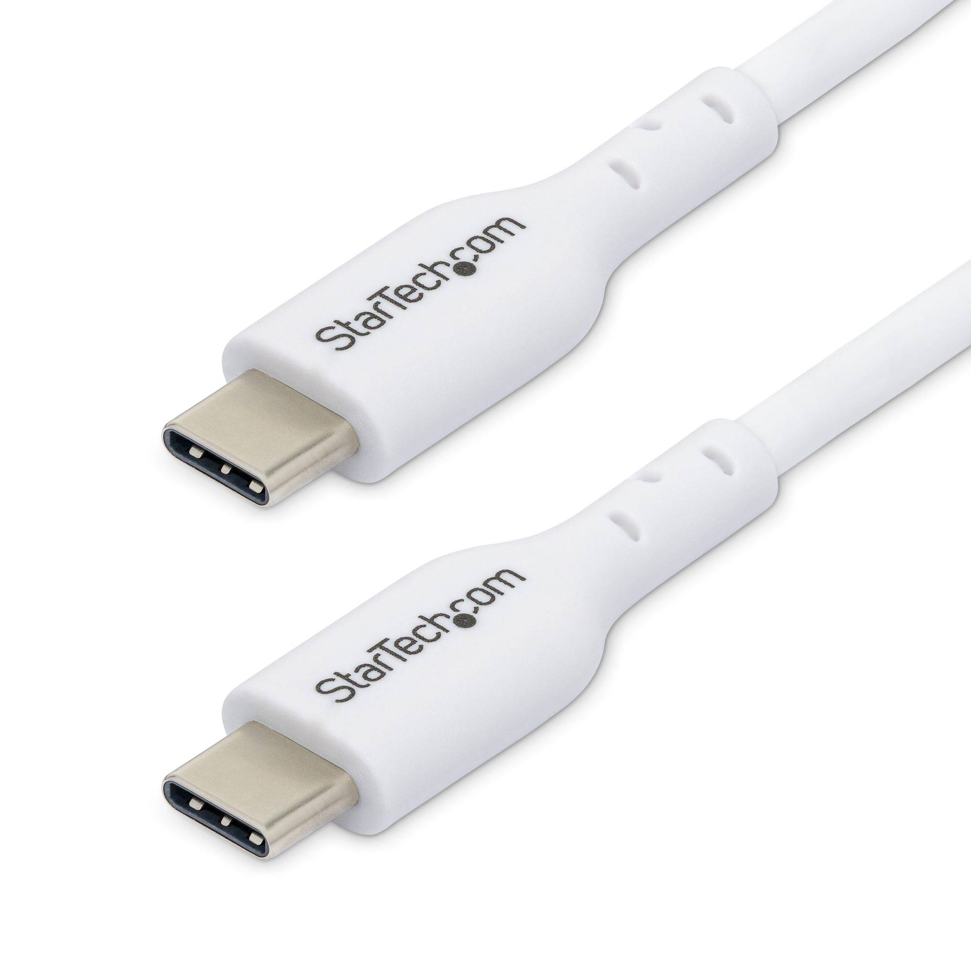 Zwei weiße StarTech.com USB-C-Kabel auf einem einfachen Hintergrund dargestellt, wobei die Steckerenden sichtbar sind.