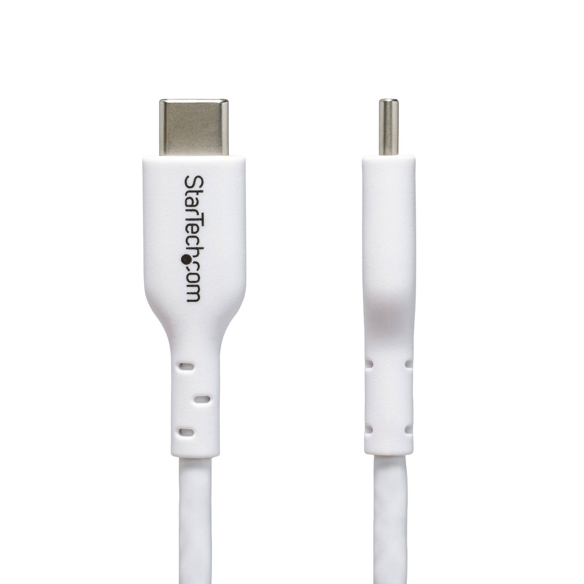 Weißes USB-C-auf-USB-C-Kabel mit StarTech.com-Branding, gezeigt mit beiden Steckerenden auf einfachem Hintergrund.