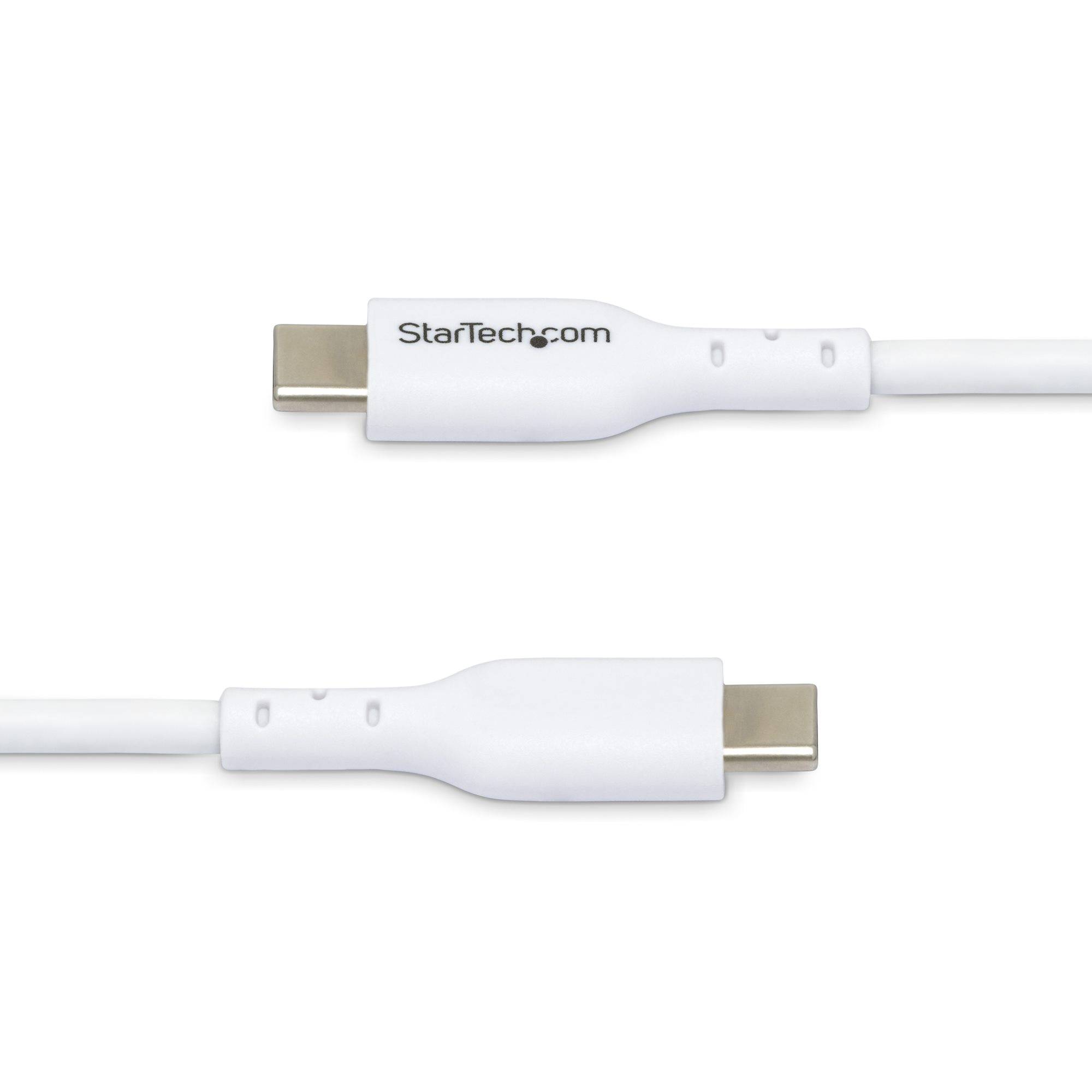 Weißes USB-C-Kabel mit StarTech.com-Branding, gezeigt mit beiden männlichen Steckern auf weißem Hintergrund.