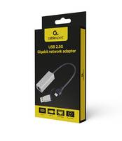 C2G CablePort USB 2.0 Gigabit-Netzwerkadapter, mit dem Adapter und Kabel auf schwarzem und gelbem Verpackungsdesign.
