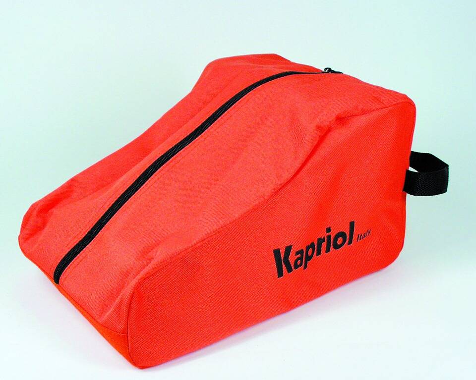 Orange Reißverschlussbeutel mit dem Text 'Kapriol Italy' auf der Seite. Entwickelt zum Transportieren von Kleinwerkzeugen oder Zubehör.