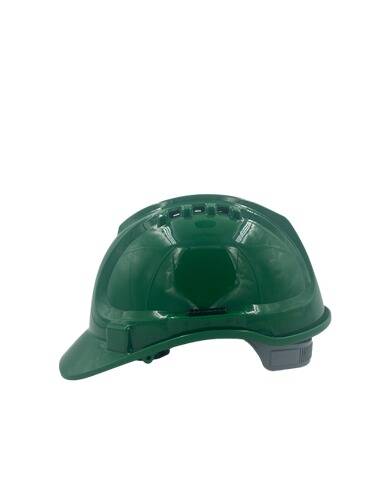 Grüner Schutzhelm mit Visier, Seitenansicht.