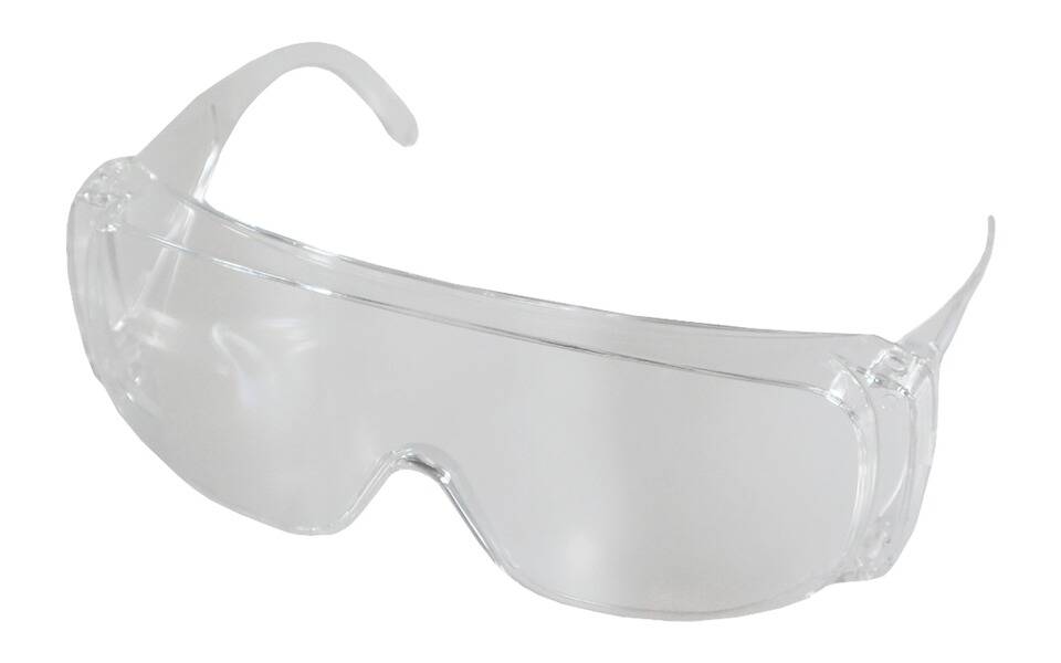 Klare Schutzbrille zum Schutz der Augen vor Staub und Verschmutzungen, mit umhüllenden Gläsern und verstellbarer Nasenstütze.
