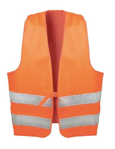 Eine orangefarbene Sicherheitsweste mit reflektierenden silbernen Streifen, die für die Sichtbarkeit bei schlechten Lichtverhältnissen verwendet wird.