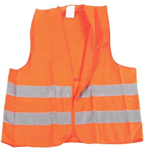Eine orange Sicherheitsweste mit reflektierenden silbernen Streifen, die zur Sichtbarmachung in Bau- oder Sicherheitseinstellungen verwendet wird.