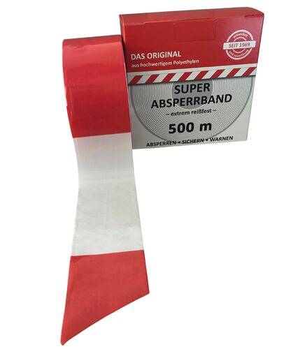 Rot-weiß gestreiftes Absperrband mit der Bezeichnung „Super Absperrband