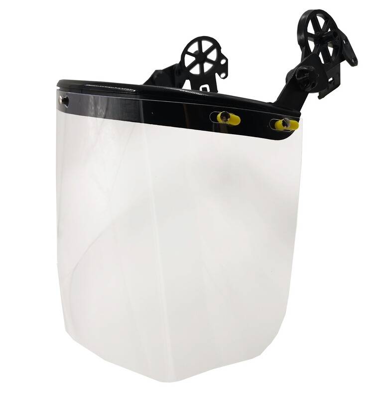 Gesichtsschutzschild mit transparentem Design, schwarzem verstellbarem Kopfband und gelben Verbindungselementen.