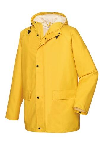 Ein leuchtend gelber Regenmantal mit einer Kapuze und schwarzen Zugbändern, entworfen für den Außenbereich, auf einem neutralen Hintergrund dargestellt.