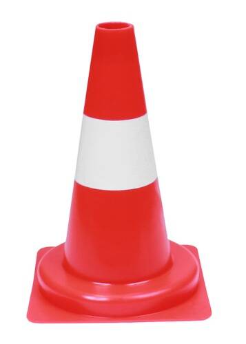 Eine rot-weiße Verkehrsleitkegel, die für Sicherheit und Verkehrsregelung verwendet wird.