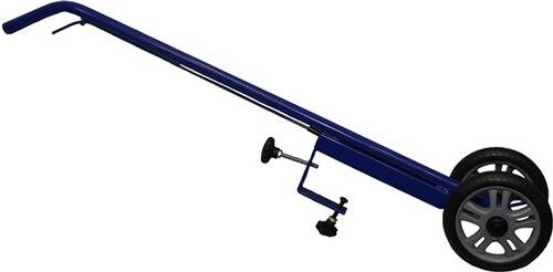 Nahaufnahme einer blauen verstellbaren Metallschiene mit Befestigungsvorrichtungen, wahrscheinlich Teil einer größeren mechanischen Struktur oder Maschine.