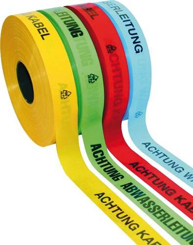Fünf Rollen Warnband in verschiedenen Farben, jeweils mit der Aufschrift 