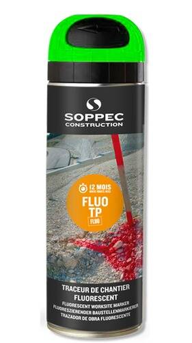 Eine Dose Soppec Construction Fluo TP Fluoreszenzsprühlack mit rotem Deckel, verwendet zum Markieren auf Baustellen, haltbar für 12 Monate.
