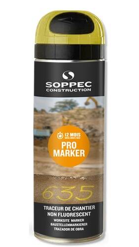 Eine Dose Soppec Construction Pro Marker Spray, bestimmt für Baumarkierungen, mit einem orangefarbenen Etikett, das „12 mois