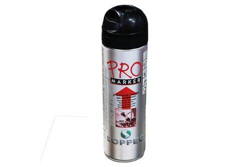 Eine Dose Soppec Pro Marker Sprühlack mit schwarzem Verschluss, gekennzeichnet für hohe Sichtbarkeit und Außeneinsatz.