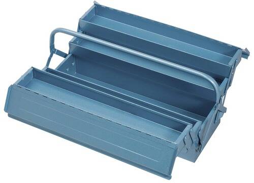 Eine leere blaue Metallwerkzeugkiste mit mehreren Fächern und einem Griff.