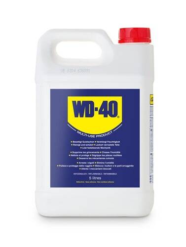 Eine 5-Liter-Flasche WD-40 in Weiß mit roter Kappe. Das Etikett zeigt das WD-40-Logo und erwähnt seine Mehrzweckverwendungen in mehreren Sprachen.