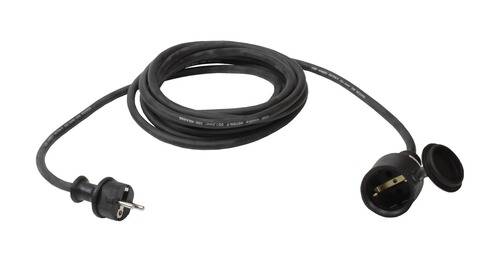 Eine aufgerollte schwarze Elektroverlängerungsschnur mit einem dreipoligen Stecker und einer Steckdose.