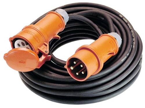 Ein aufgerolltes robustes Verlängerungskabel mit orangefarbenen Industriesteckern an beiden Enden, geeignet für Außen- und Hochleistungsgeräte.