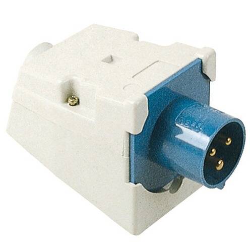 Ein weiß-blauer Elektrostecker mit drei Stiften, der häufig für Industrie- und Schwerlastenanwendungen verwendet wird.