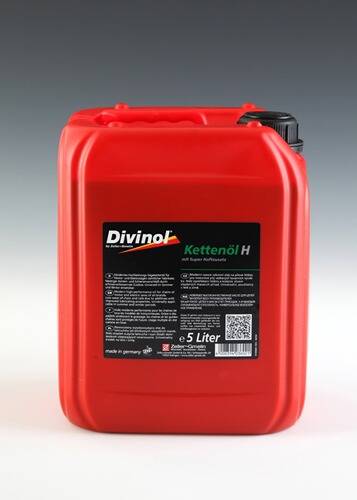 Ein roter Fünf-Liter-Behälter von Divinol Kettenöl H mit einem schwarzen Etikett, auf dem sich Produktdetails in deutscher Sprache befinden.