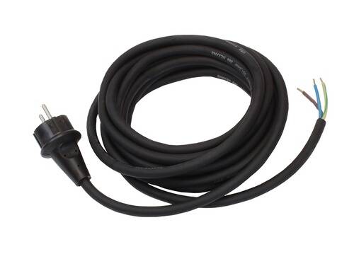 Ein aufgerolltes schwarzes Stromkabel mit einem Stecker an einem Ende und offenen Drähten am anderen Ende, das zum Verbinden von elektronischen Geräten verwendet wird.