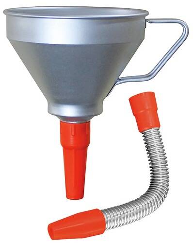 Ein silberner Trichter mit einer roten Tülle und angebrachtem flexiblem Metallschlauch zur Lenkung des Flüssigkeitsflusses.