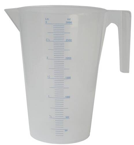 Ein transparentes Messgefäß mit blauen Markierungen für Liter und Milliliter bis 3 Liter, mit einer Ausgießer und einem Griff zum Eingießen.
