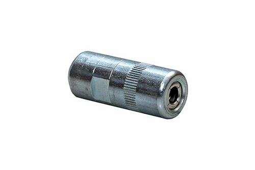 Eine metallische hydraulische Verschraubung mit sechskantiger Mutternfläche und gerilltem Körper, wahrscheinlich zur Verbindung von Hydraulikschläuchen verwendet.
