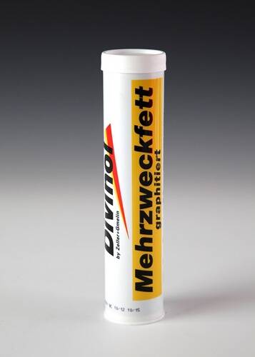Ein Behälter Divinol Mehrzweckfett graphitiert, ein Mehrzweckfett, mit einem gelb-weißen Etikett.