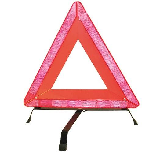 Ein rotes reflektierendes Warndreieck auf einem schwarzen Ständer, typischerweise verwendet, um Vorsicht oder Notfälle auf der Straße zu signalisieren.