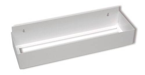 Ein weißes Metalltablett mit rechteckiger Form und leicht erhöhten Rändern, entworfen zur Organización von Gegenständen oder zur Bereitstellung einer ebenen Oberfläche.