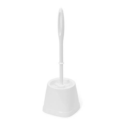 Weiße Toilettenbürste mit schlankem Griff, aufrecht in ihrem Behälter stehend.
