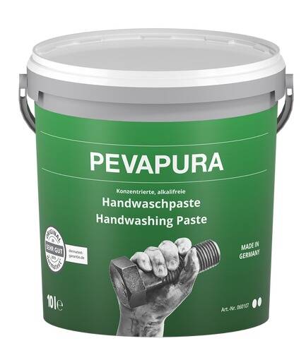 PEVAPURA' Handwaschpaste-Behälter mit Abbildung einer Hand, die einen Schraubenschlüssel hält. Der Text zeigt an, dass es in Deutschland hergestellt und 10 Liter fassend ist.