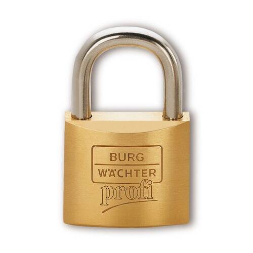 Ein Messingvorhängeschloss mit der auf der Vorderseite eingraviert Markenbezeichnung „BURG WÄCHTER profi