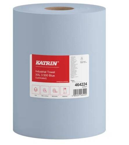 Eine blaue Industriepapiertuch-Rolle mit der Bezeichnung „Katrin Industrial Towel XXL 3 500 Blue