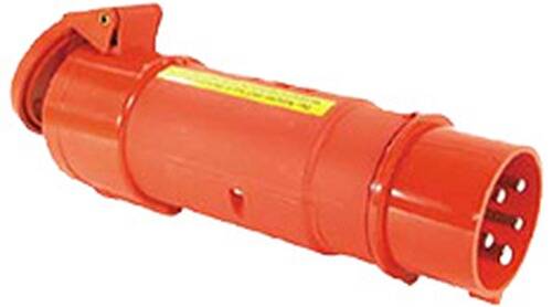 Ein rotes industrielles zylindrisches Objekt mit einem gelben Etikett, möglicherweise eine mechanische oder hydraulische Komponente, die in Maschinen oder im Bauwesen verwendet wird.