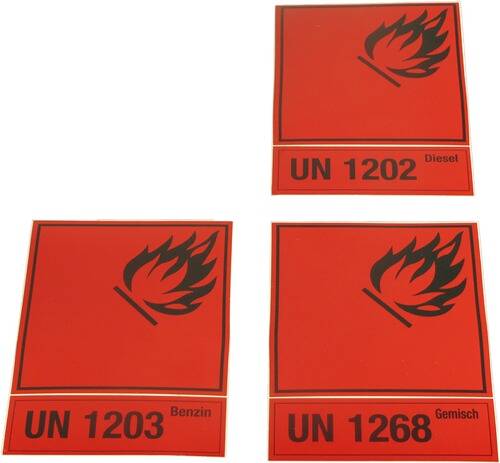 Drei rote Gefahrenetiketten mit Flammen-Symbolen: „UN 1202 Diesel