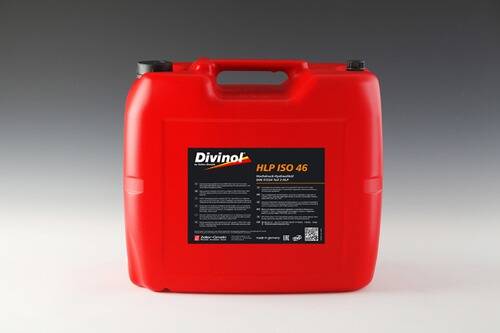 Ein roter Behälter mit Divinol HLP ISO 46 Hydrauliköl mit schwarzem Deckel und Etikett, auf dem Produktdetails angezeigt werden.