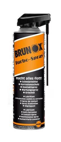 BRUNOX Turbo-Spray' Dose mit orange-schwarzem Etikett, mit Anwendungen: Schmierstoff, Korrosionsschutz, Kontaktspray, Wartungsspray.
