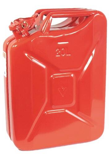 Ein roter 20-Liter-Metallkanister mit Griff und sicherem Verschluss zum Lagern und Transportieren von Kraftstoff.