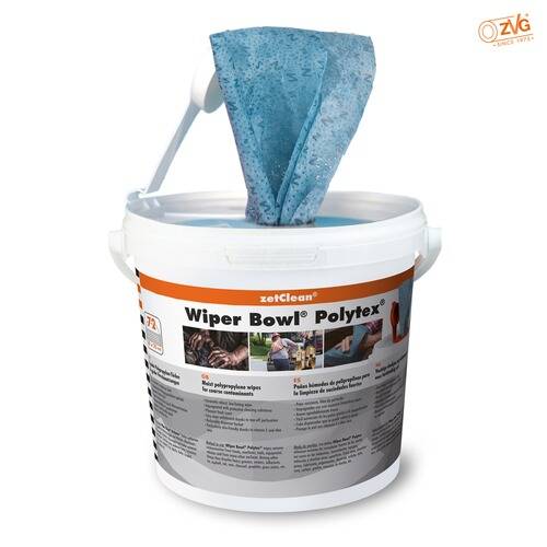 Wiper Bowl Polytex', ein weißer Kunststoffbehälter mit Griff, enthält blaue Reinigungstücher, die teilweise herausgezogen sind.