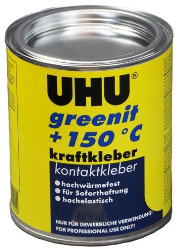 Eine gelbe Dose UHU greenit Kraftkleber mit Text: „hochtemperaturfest