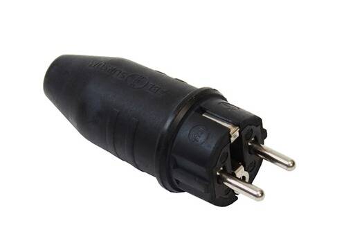 Schwarzer europäischer Steckeradapter, Seitenansicht, zeigt zwei Metallstifte zur Verwendung für elektrische Verbindungen.